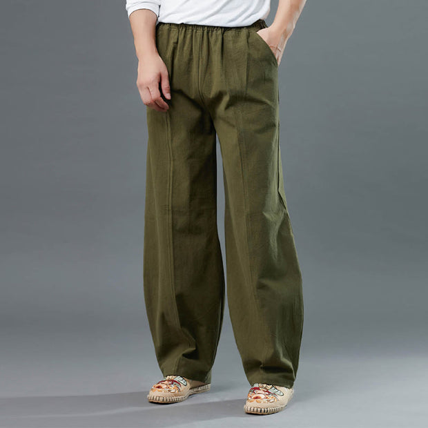 Buddha Stones Casual Solid Color Cotton Linen Men's Pants With Pockets