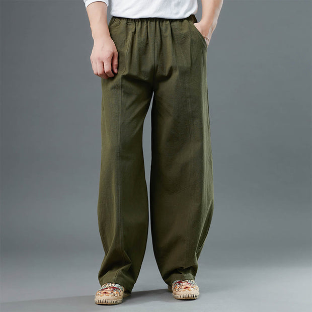 Buddha Stones Casual Solid Color Cotton Linen Men's Pants With Pockets Men's Pants BS OliveDrab US/UK/AU40，EU50 (2XL)