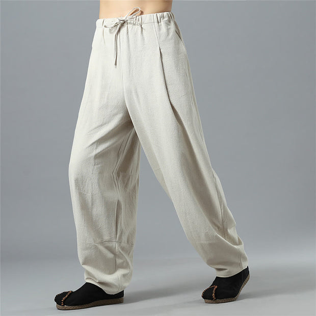 Buddha Stones Casual Solid Color Drawstring Cotton Linen Men's Pants With Pockets