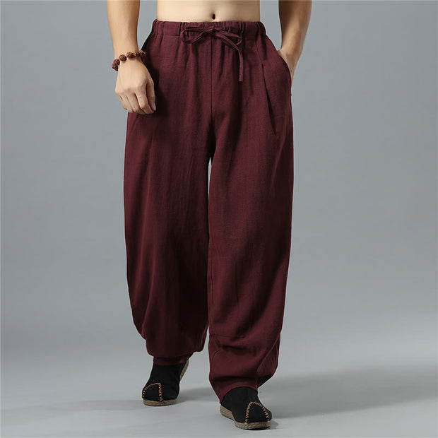 Buddha Stones Casual Solid Color Drawstring Cotton Linen Men's Pants With Pockets Men's Pants BS 22