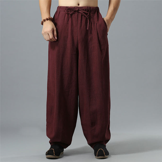 Buddha Stones Casual Solid Color Drawstring Cotton Linen Men's Pants With Pockets Men's Pants BS 18