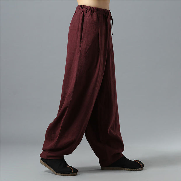 Buddha Stones Casual Solid Color Drawstring Cotton Linen Men's Pants With Pockets Men's Pants BS 24