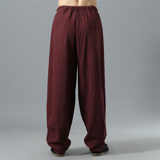 Buddha Stones Casual Solid Color Drawstring Cotton Linen Men's Pants With Pockets Men's Pants BS 21