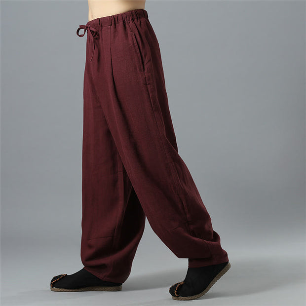 Buddha Stones Casual Solid Color Drawstring Cotton Linen Men's Pants With Pockets Men's Pants BS 19