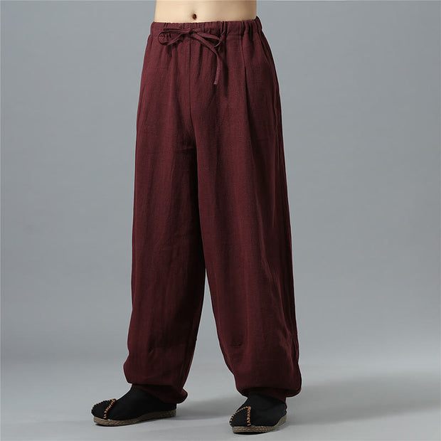 Buddha Stones Casual Solid Color Drawstring Cotton Linen Men's Pants With Pockets Men's Pants BS 20