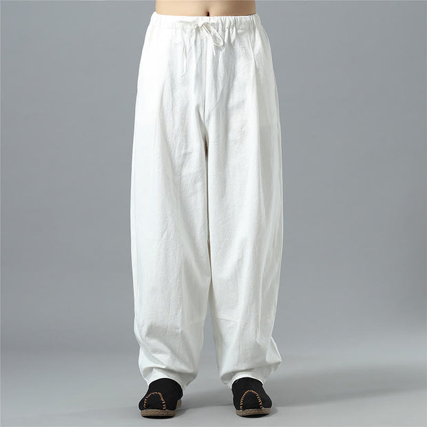 Buddha Stones Casual Solid Color Drawstring Cotton Linen Men's Pants With Pockets Men's Pants BS White US/UK/AU40，EU50 (2XL)