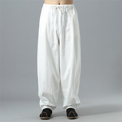 Buddha Stones Casual Solid Color Drawstring Cotton Linen Men's Pants With Pockets