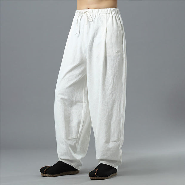 Buddha Stones Casual Solid Color Drawstring Cotton Linen Men's Pants With Pockets Men's Pants BS 5