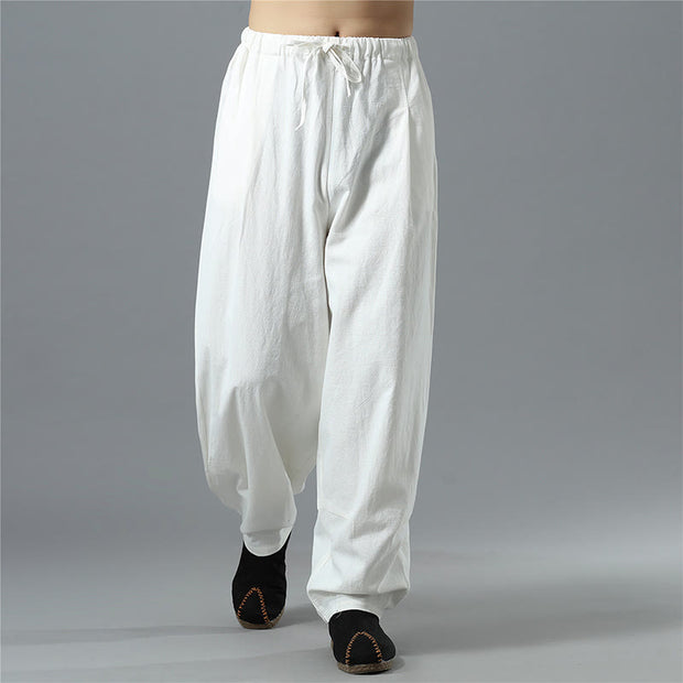 Buddha Stones Casual Solid Color Drawstring Cotton Linen Men's Pants With Pockets Men's Pants BS 3