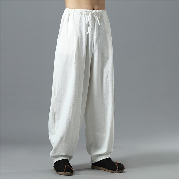 Buddha Stones Casual Solid Color Drawstring Cotton Linen Men's Pants With Pockets Men's Pants BS 4