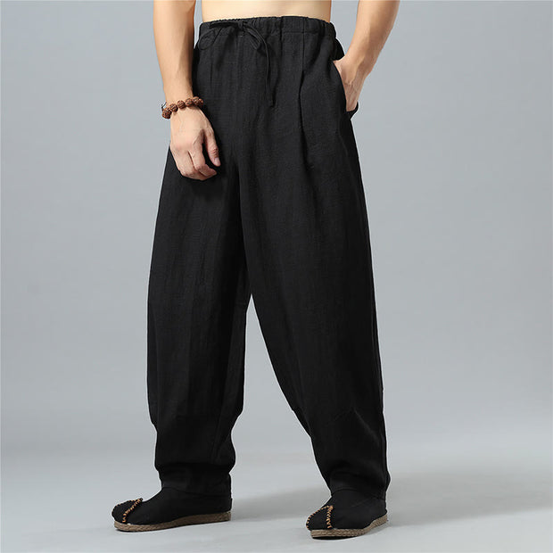 Buddha Stones Casual Solid Color Drawstring Cotton Linen Men's Pants With Pockets Men's Pants BS 11