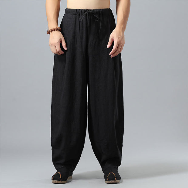 Buddha Stones Casual Solid Color Drawstring Cotton Linen Men's Pants With Pockets