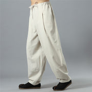 Buddha Stones Casual Solid Color Drawstring Cotton Linen Men's Pants With Pockets