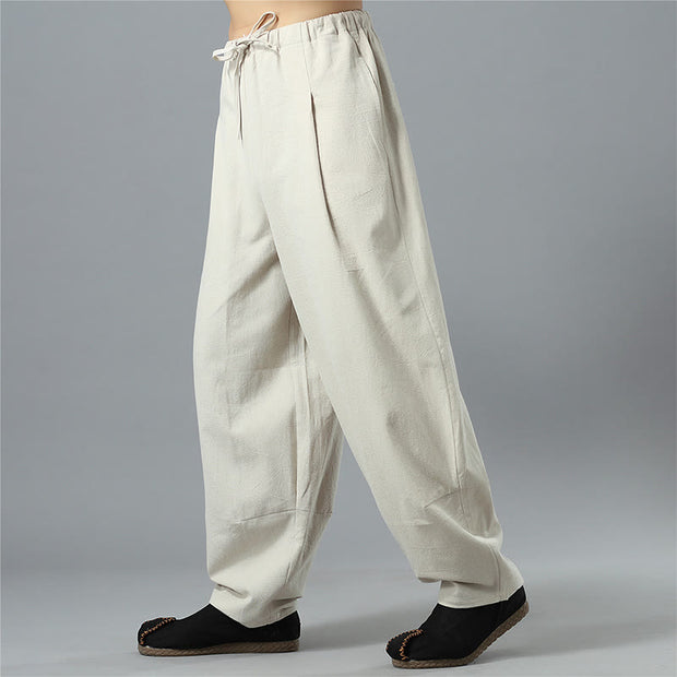 Buddha Stones Casual Solid Color Drawstring Cotton Linen Men's Pants With Pockets Men's Pants BS 27