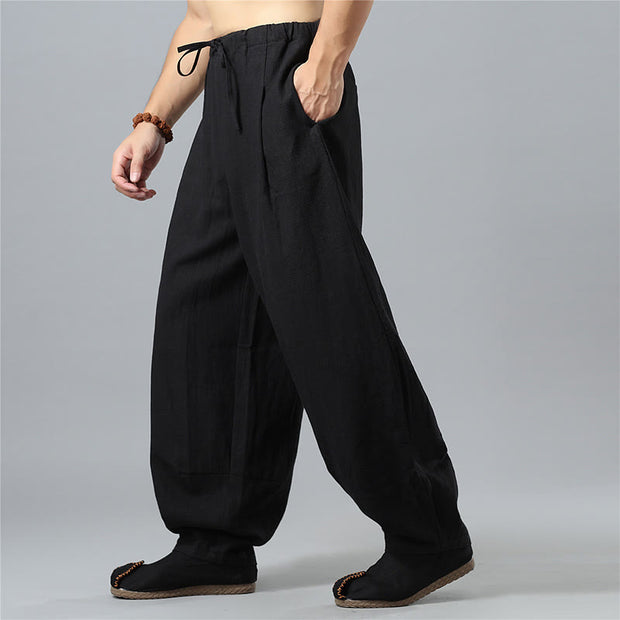 Buddha Stones Casual Solid Color Drawstring Cotton Linen Men's Pants With Pockets Men's Pants BS 13