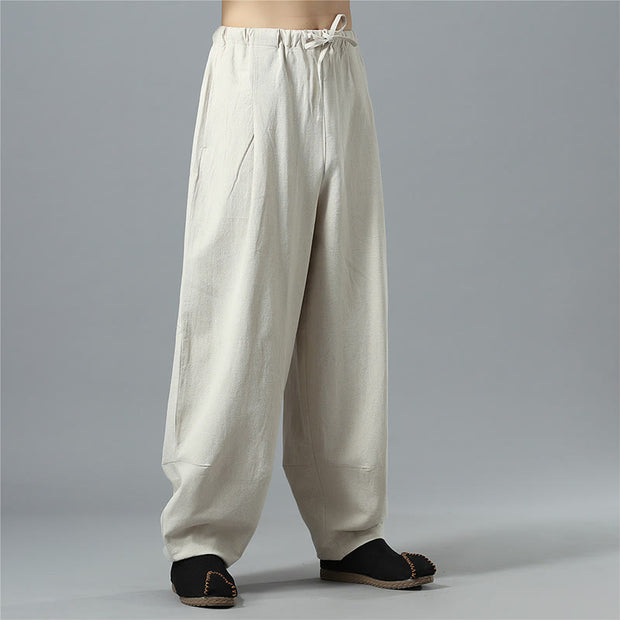 Buddha Stones Casual Solid Color Drawstring Cotton Linen Men's Pants With Pockets Men's Pants BS 31