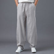 Buddha Stones Plain Color Elastic Waist Ramie Linen Men's Pants With Pockets Men's Pants BS Silver US/UK/AU38，EU48 (XL)