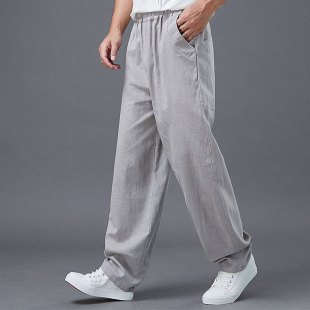 Buddha Stones Plain Color Elastic Waist Ramie Linen Men's Pants With Pockets Men's Pants BS 6