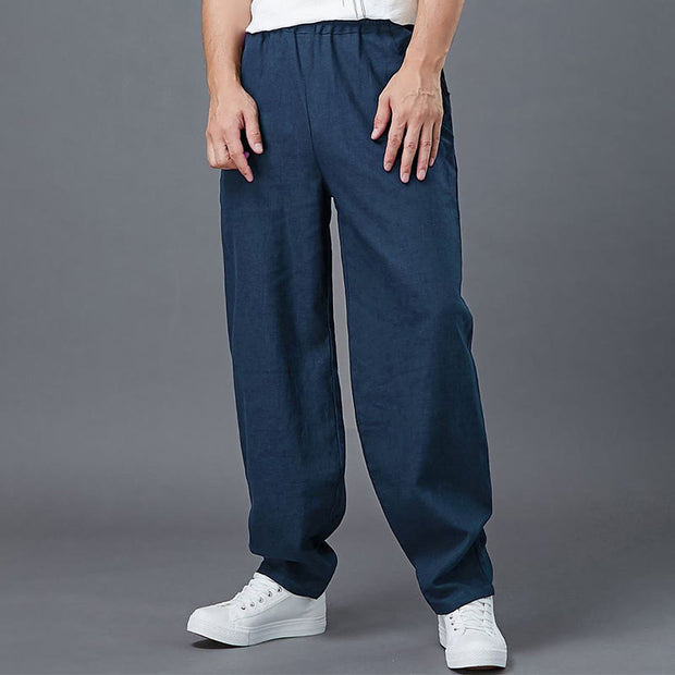 Buddha Stones Plain Color Elastic Waist Ramie Linen Men's Pants With Pockets Men's Pants BS 14