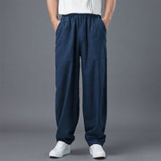 Buddha Stones Plain Color Elastic Waist Ramie Linen Men's Pants With Pockets