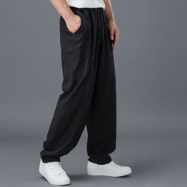 Buddha Stones Plain Color Elastic Waist Ramie Linen Men's Pants With Pockets Men's Pants BS 12