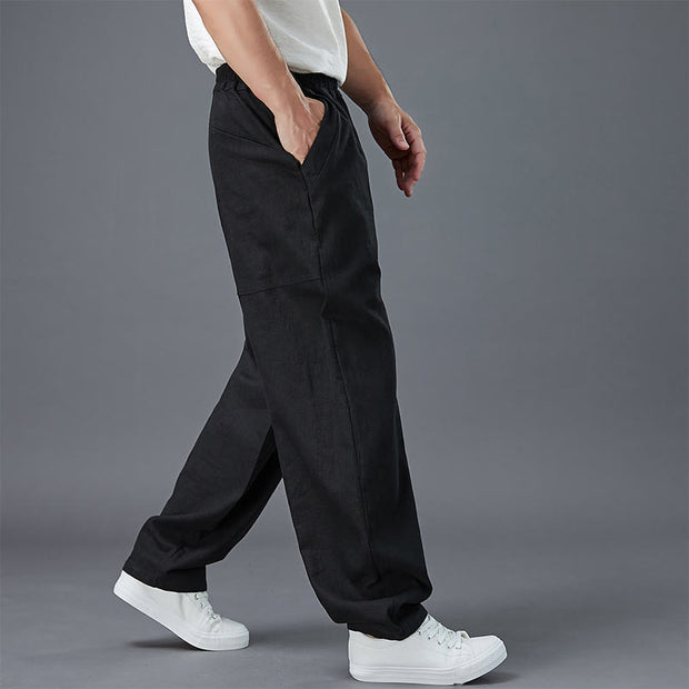 Buddha Stones Plain Color Elastic Waist Ramie Linen Men's Pants With Pockets Men's Pants BS 10