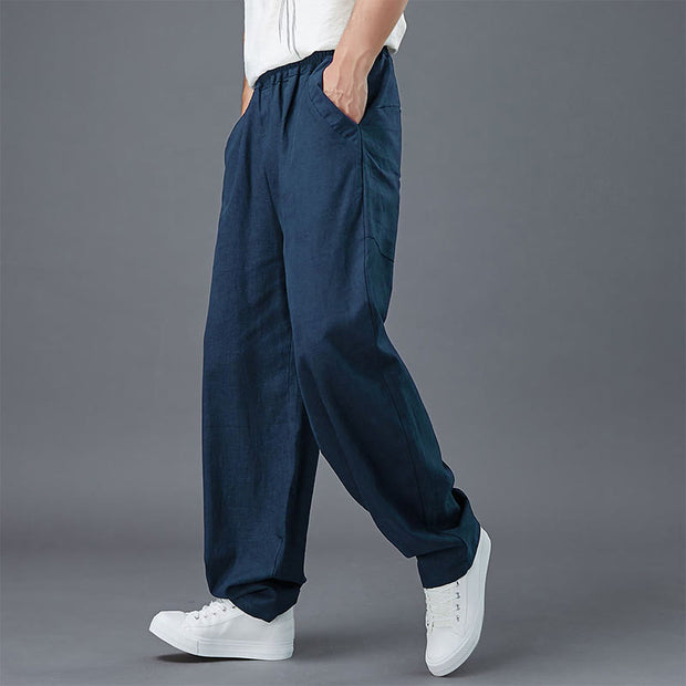 Buddha Stones Plain Color Elastic Waist Ramie Linen Men's Pants With Pockets Men's Pants BS 15