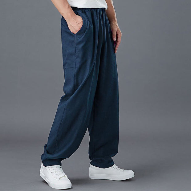 Buddha Stones Plain Color Elastic Waist Ramie Linen Men's Pants With Pockets Men's Pants BS 21