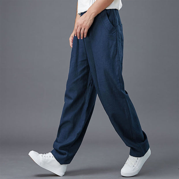 Buddha Stones Plain Color Elastic Waist Ramie Linen Men's Pants With Pockets Men's Pants BS 20