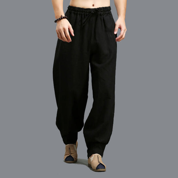 Buddha Stones Casual Plain Color Elastic Drawstring Ramie Linen Men's Pants With Pockets Men's Pants BS 16