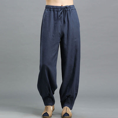 Buddha Stones Casual Plain Color Elastic Drawstring Ramie Linen Men's Pants With Pockets