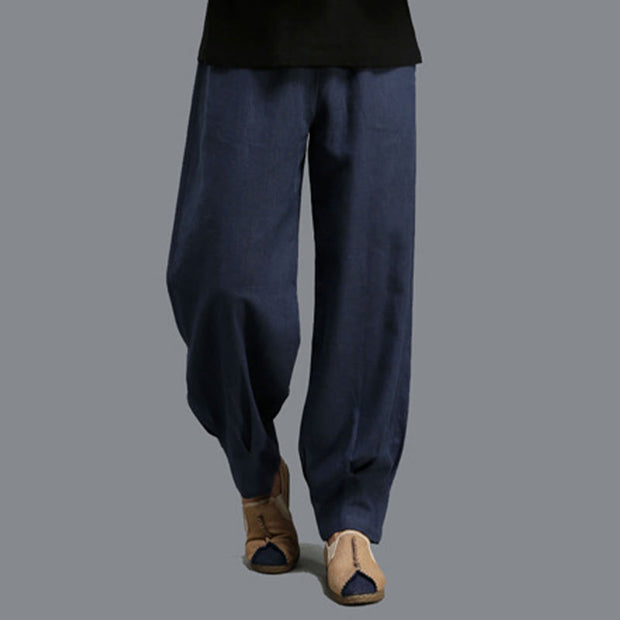 Buddha Stones Casual Plain Color Elastic Drawstring Ramie Linen Men's Pants With Pockets Men's Pants BS 10