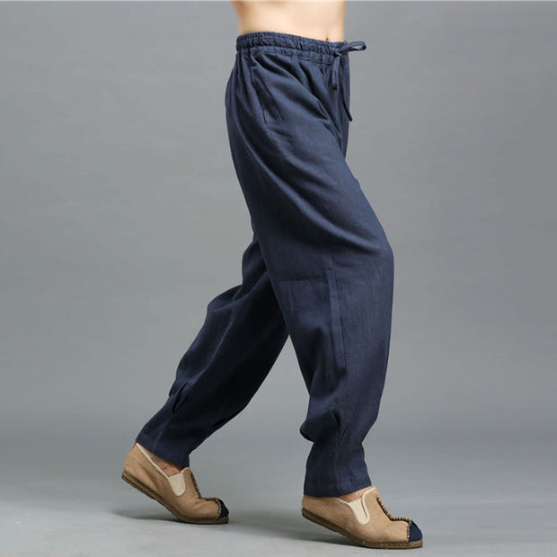 Buddha Stones Casual Plain Color Elastic Drawstring Ramie Linen Men's Pants With Pockets Men's Pants BS 6