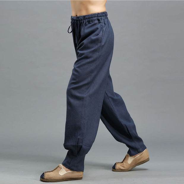 Buddha Stones Casual Plain Color Elastic Drawstring Ramie Linen Men's Pants With Pockets Men's Pants BS 7