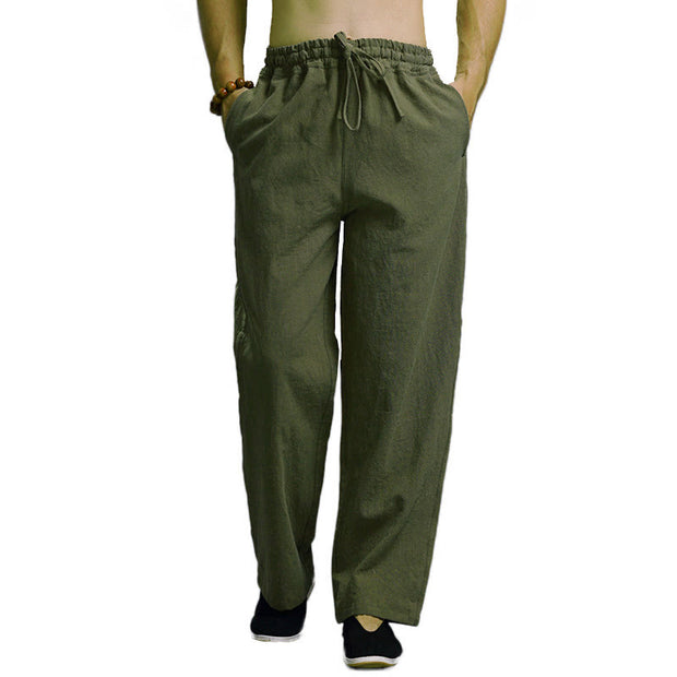 Buddha Stones Casual Plain Color Drawstring Linen Men's Pants With Pockets Men's Pants BS 42