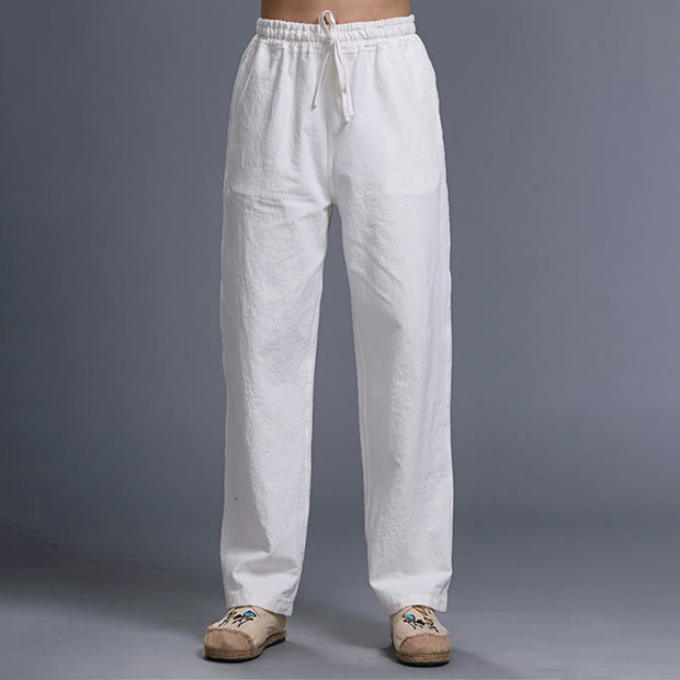 Buddha Stones Casual Plain Color Drawstring Linen Men's Pants With Pockets Men's Pants BS White US/UK/AU38，EU48 (XL)