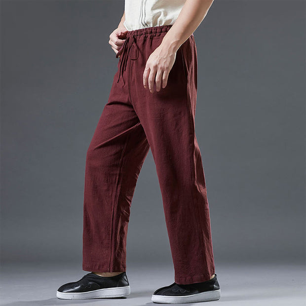 Buddha Stones Casual Plain Color Drawstring Linen Men's Pants With Pockets Men's Pants BS 15