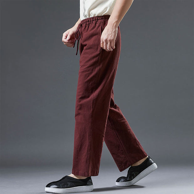 Buddha Stones Casual Plain Color Drawstring Linen Men's Pants With Pockets Men's Pants BS 17