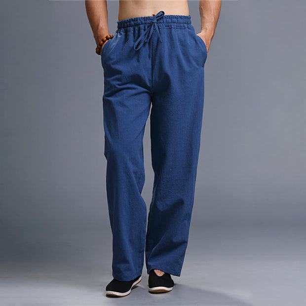 Buddha Stones Casual Plain Color Drawstring Linen Men's Pants With Pockets Men's Pants BS Navy US/UK/AU38，EU48 (XL)