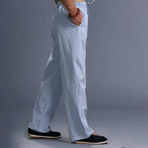 Buddha Stones Casual Plain Color Drawstring Linen Men's Pants With Pockets