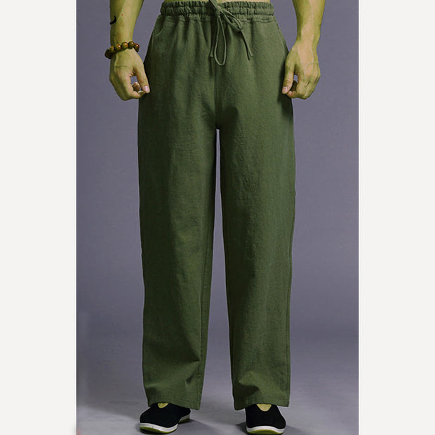 Buddha Stones Casual Plain Color Drawstring Linen Men's Pants With Pockets Men's Pants BS 40