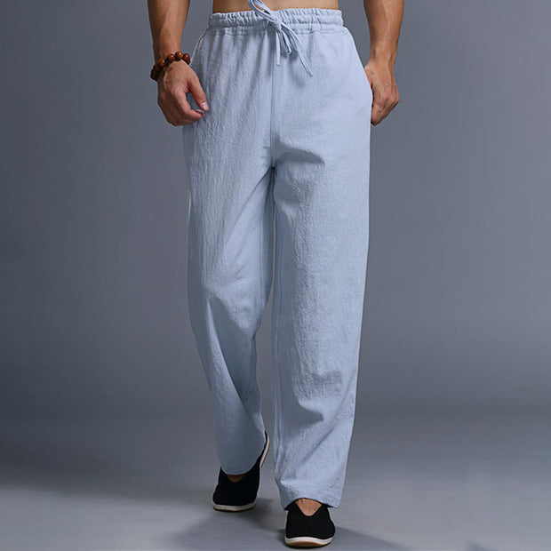 Buddha Stones Casual Plain Color Drawstring Linen Men's Pants With Pockets Men's Pants BS 32