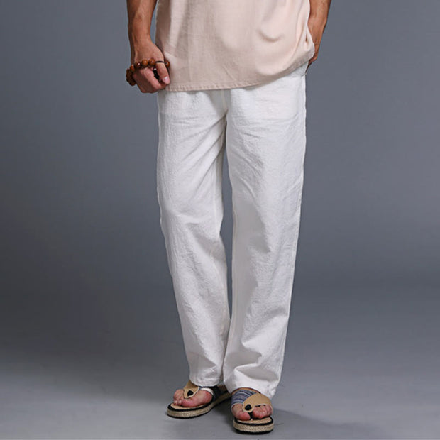 Buddha Stones Casual Plain Color Drawstring Linen Men's Pants With Pockets Men's Pants BS 3