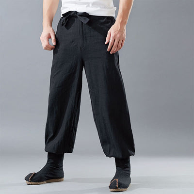 Buddha Stones Solid Color Front Zipper Ramie Linen Men's Pants With Pockets Men's Pants BS Black US/UK/AU38，EU48 (XL)