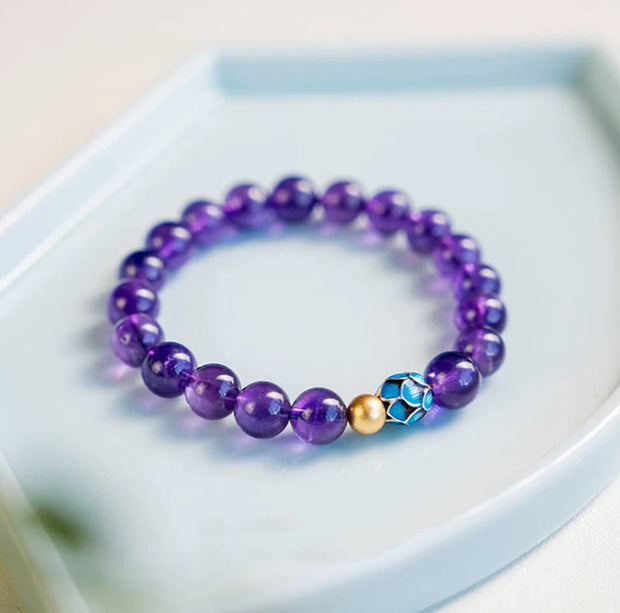 Buddha Stones Natural Amethyst Lotus Spiritual Awareness Bracelet Bracelet BS 8mm Amethyst(Wrist Circumference: 14-16cm)