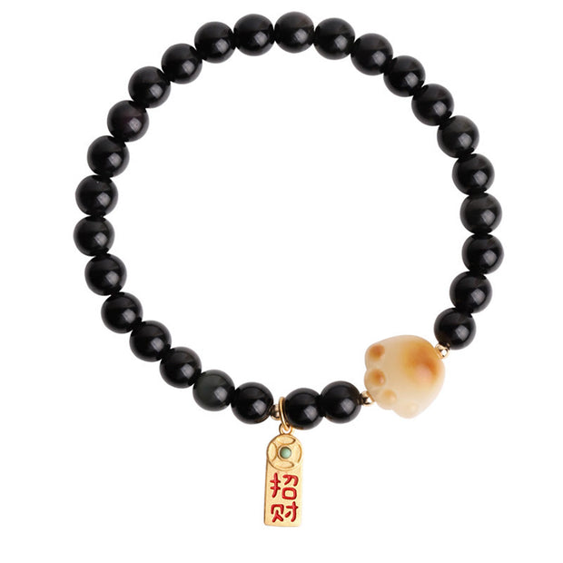 Buddha Stones Black Obsidian Cat Paw Bodhi Seed Lucky Fortune Charm Purification Bracelet