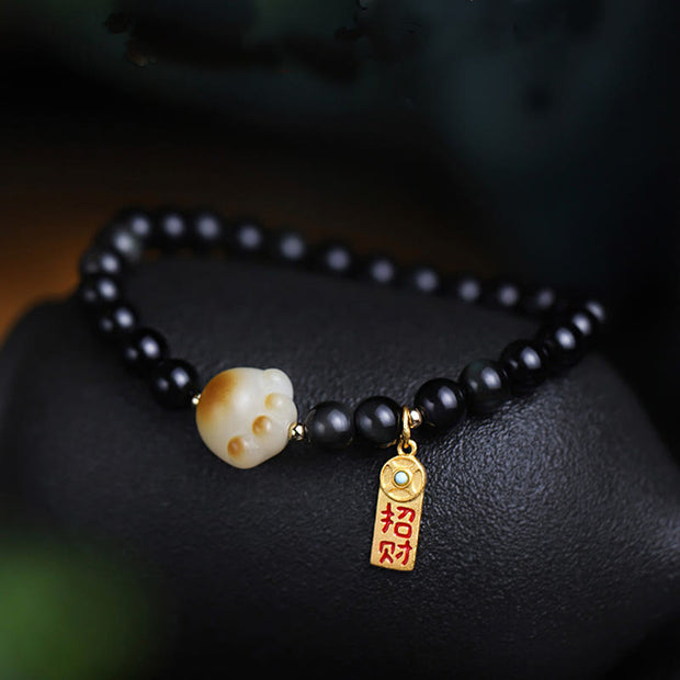 FREE Today: Lucky Fortune Black Obsidian Cat Paw Bodhi Seed Charm Bracelet