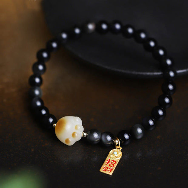 FREE Today: Lucky Fortune Black Obsidian Cat Paw Bodhi Seed Charm Bracelet