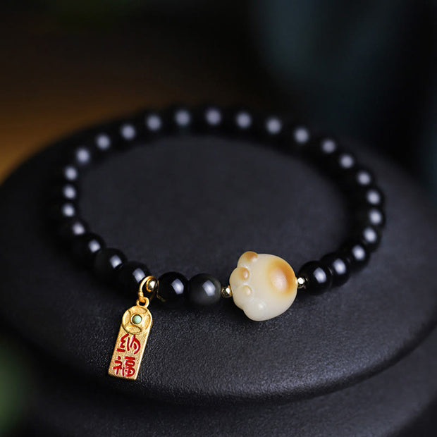 Buddha Stones Black Obsidian Cat Paw Bodhi Seed Lucky Fortune Charm Purification Bracelet Bracelet BS 8