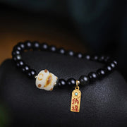 Buddha Stones Black Obsidian Cat Paw Bodhi Seed Lucky Fortune Charm Purification Bracelet Bracelet BS 7